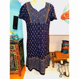 L'APOGEE ANTHROPOLOGIE BOHO INDIA BLOCK PRINT DRESS NAVY GOLD M